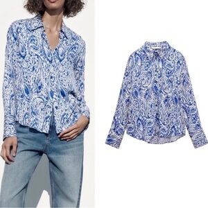 Zara NWOT Viscose White & Blue Paisley Print Button Down size large